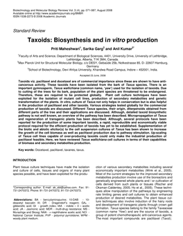 Biosynthesis and in Vitro Production