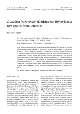 Ditrichum Lewis-Smithii (Ditrichaceae, Bryopsida), a New Species from Antarctica