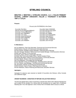 MINUTES of MEETING of STIRLING COUNCIL Held in FALLIN PRIMARY SCHOOL, LAMONT CRESCENT, FALLIN on THURSDAY 9 OCTOBER 1997 at 7.30 Pm