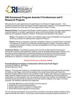 ORI Extramural Program Awards 5 Conferences and 5 Research Projects