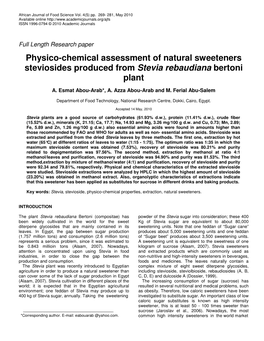 Physico-Chemical Assessment of Natural Sweeteners Steviosides Produced from Stevia Rebaudiana Bertoni Plant