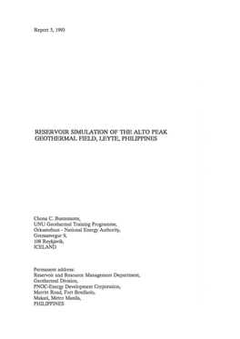 RESERVOIR SIMULATION of the ALTO PEAK GEOTIIERMAL Flei.D, Leyfe, Phlljppines