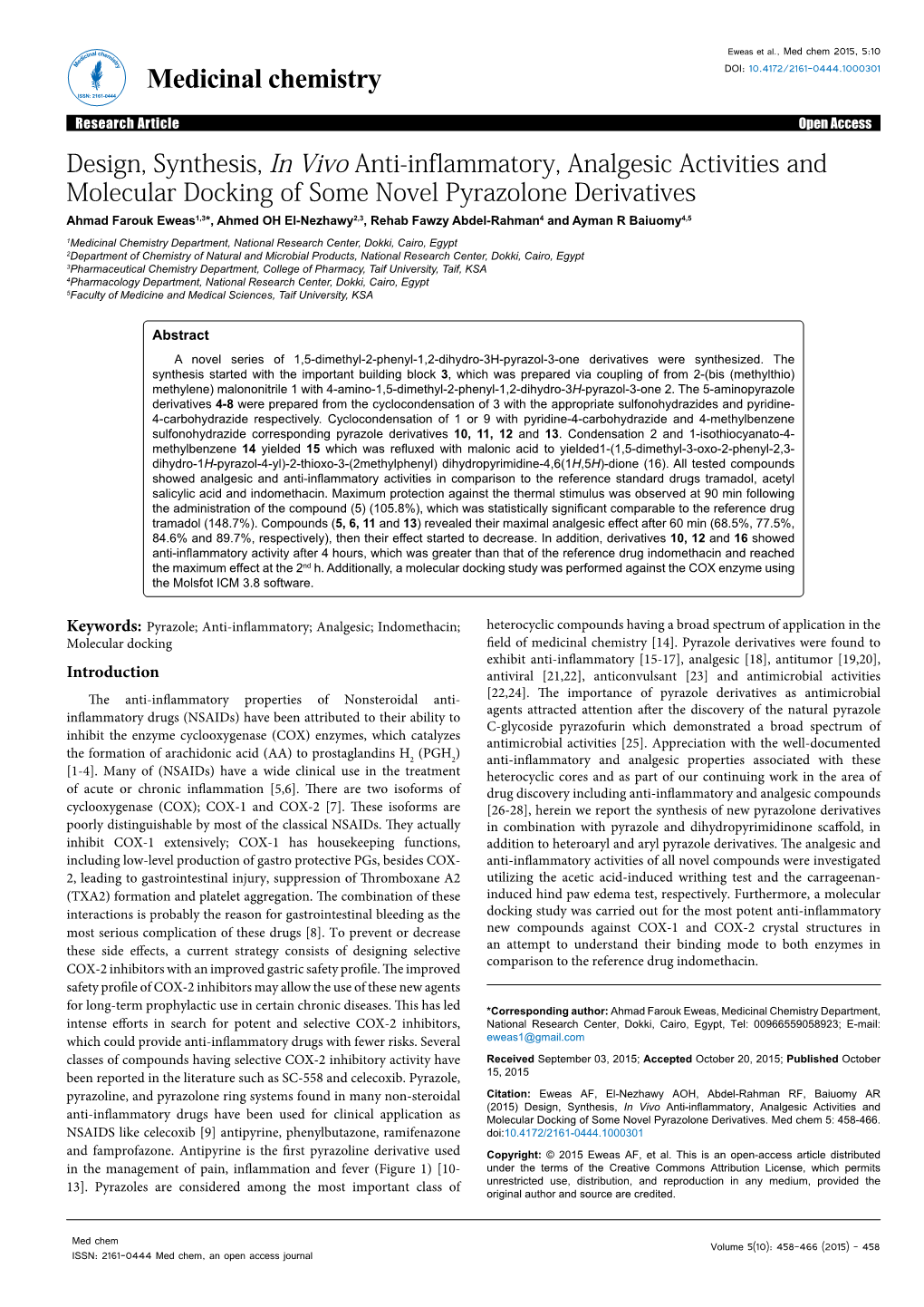 Design, Synthesis, in Vivo Anti-Inflammatory, Analgesic