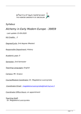 Syllabus Alchemy in Early Modern Europe - 39859