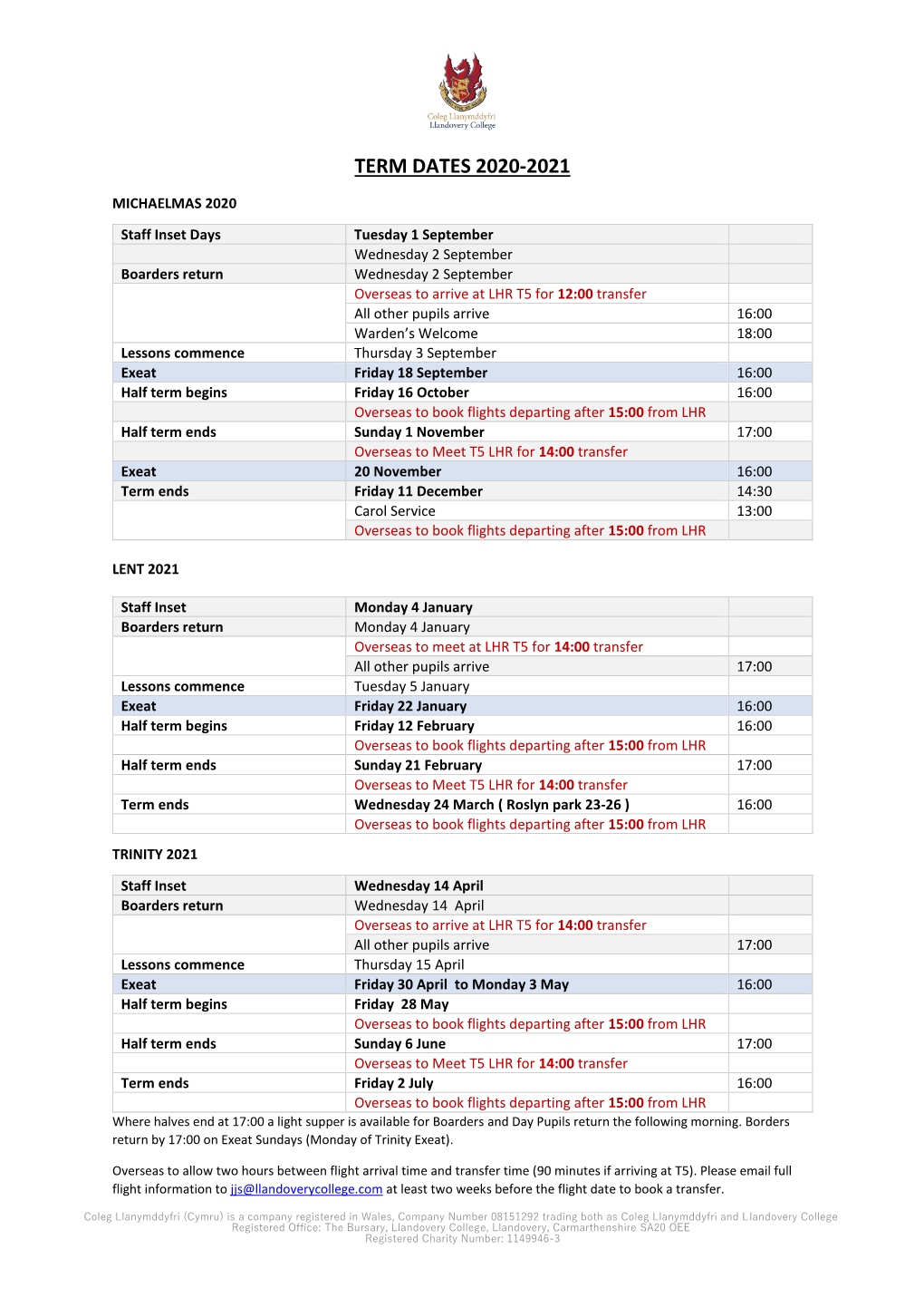 Term Dates 2020-2021