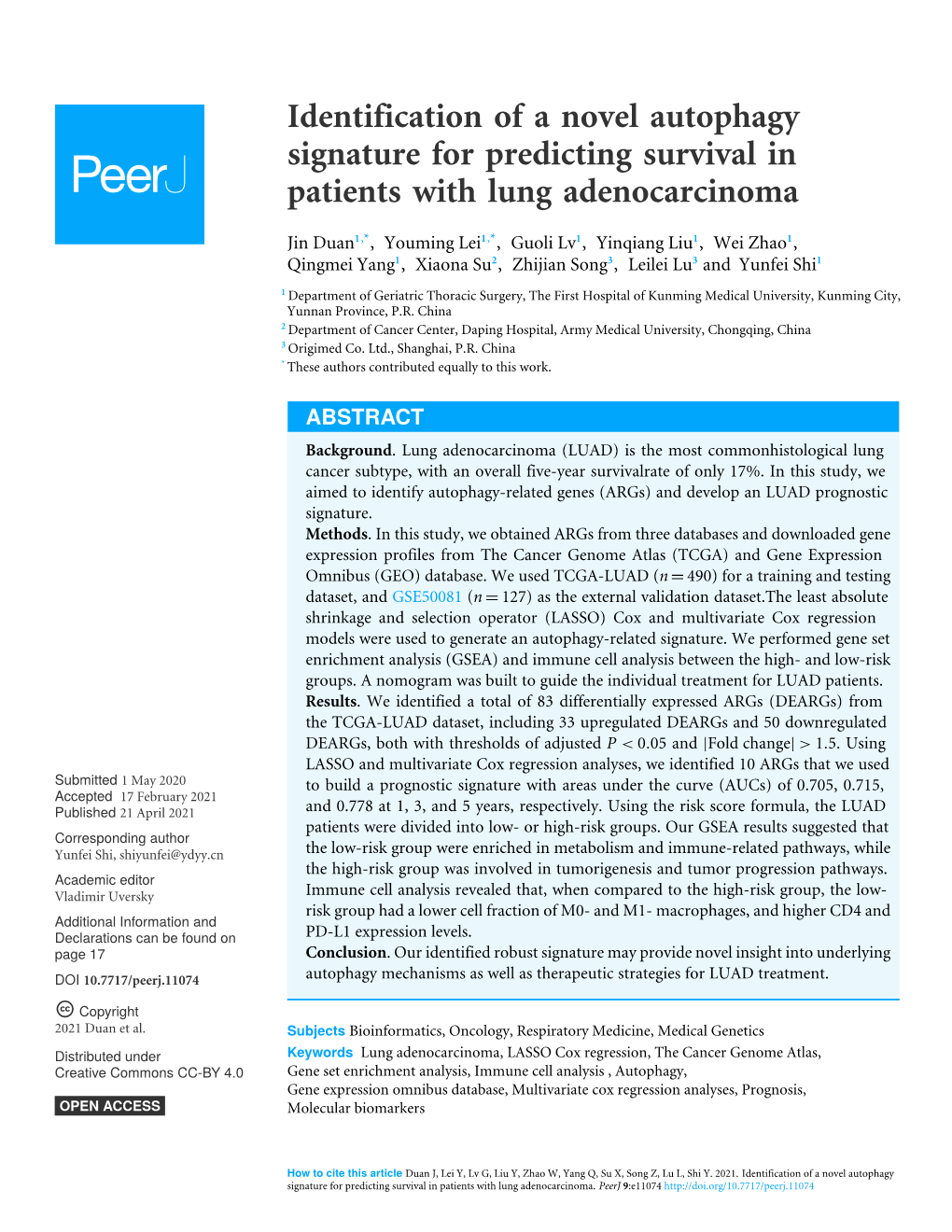 Identification of a Novel Autophagy Signature for Predicting Survival in Patients with Lung Adenocarcinoma