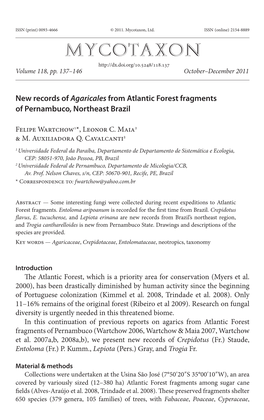 &lt;I&gt;Agaricales&lt;/I&gt; from Atlantic Forest Fragments of Pernambuco, Northeast Brazil