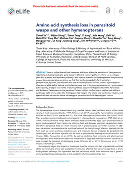 Amino Acid Synthesis Loss in Parasitoid Wasps and Other Hymenopterans
