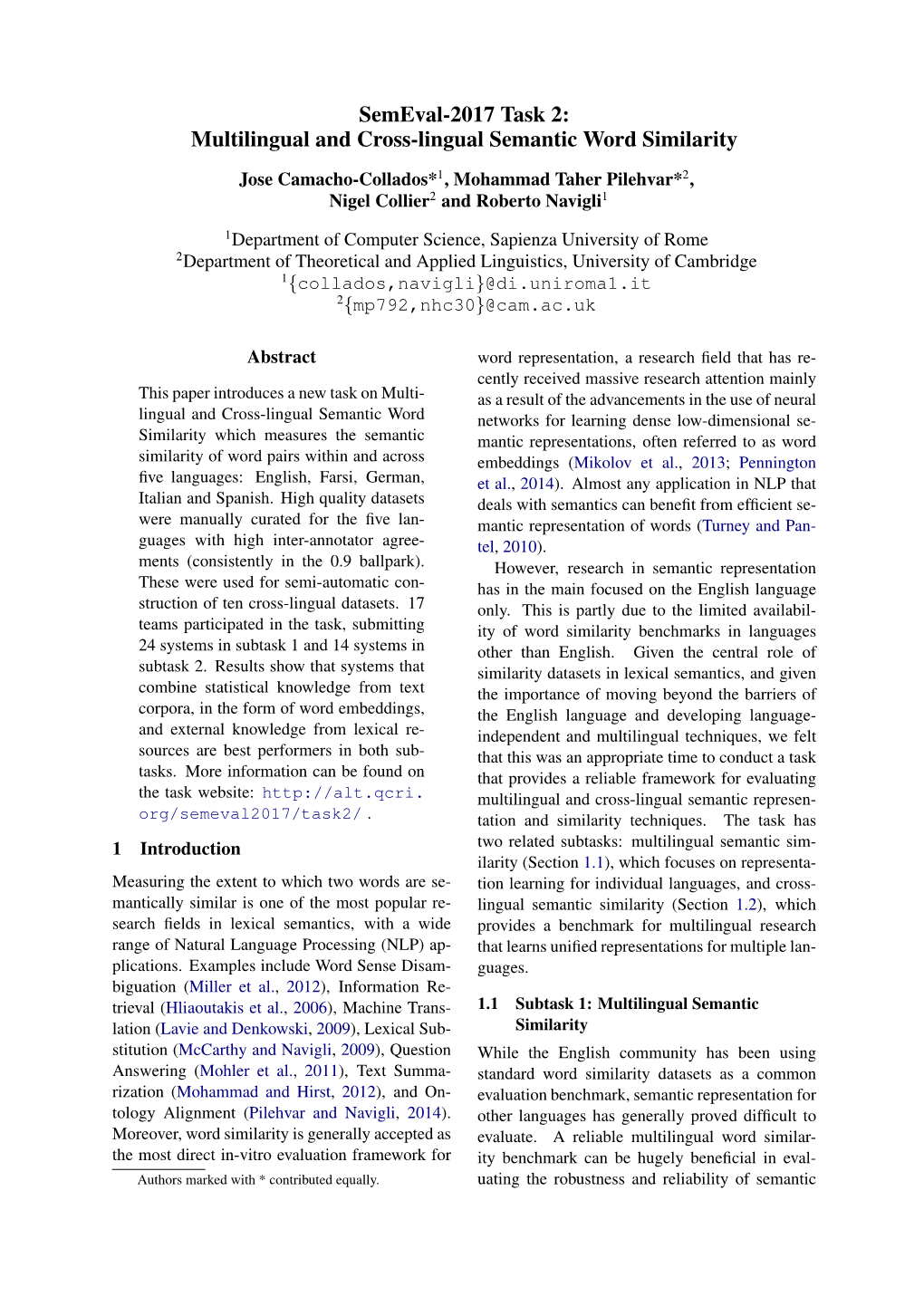 Semeval-2017 Task 2: Multilingual and Cross-Lingual Semantic Word Similarity