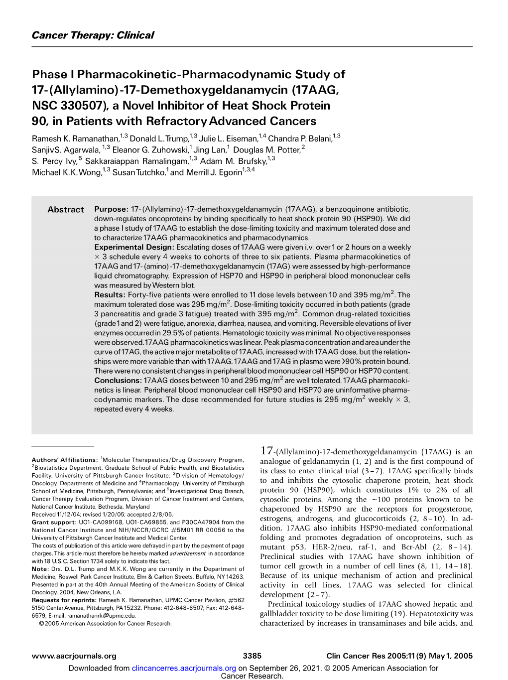 17-Demethoxygeldanamycin (17AAG, NSC 330507), a Novel Inhibitor of Heat Shock Protein 90, in Patients with Refractoryadvanced Cancers Ramesh K