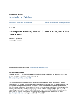 An Analysis of Leadership Selection in the Liberal Party of Canada, 1919 to 1968