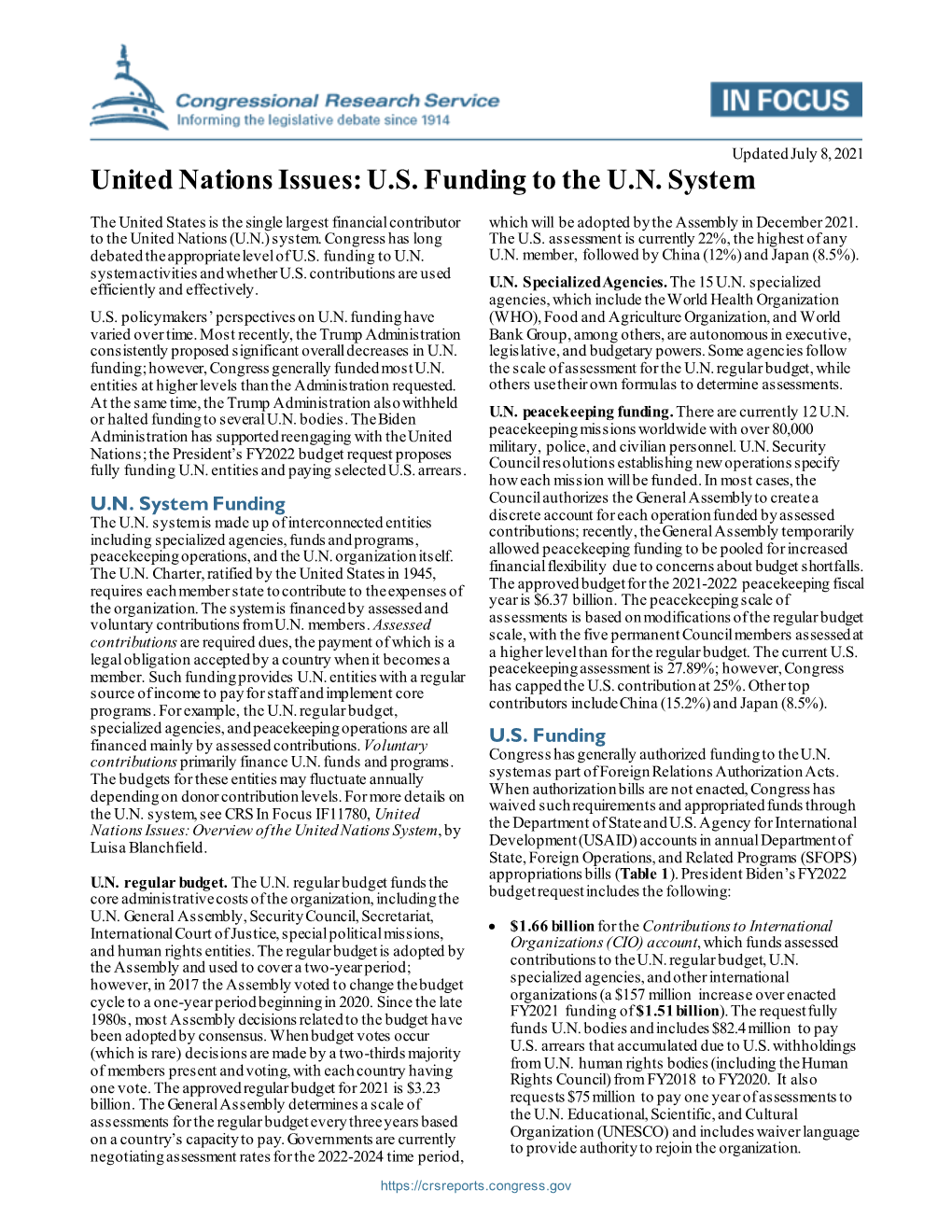 United Nations Issues: U.S. Funding to the U.N. System