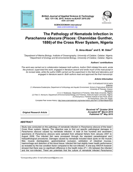 The Pathology of Nematode Infection in Parachanna Obscura (Pisces: Channidae Gunther, 1886) of the Cross River System, Nigeria