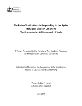 The Role of Institutions in Responding to the Syrian Refugees Crisis in Lebanon: the Humanitarian Aid Framework of Saida