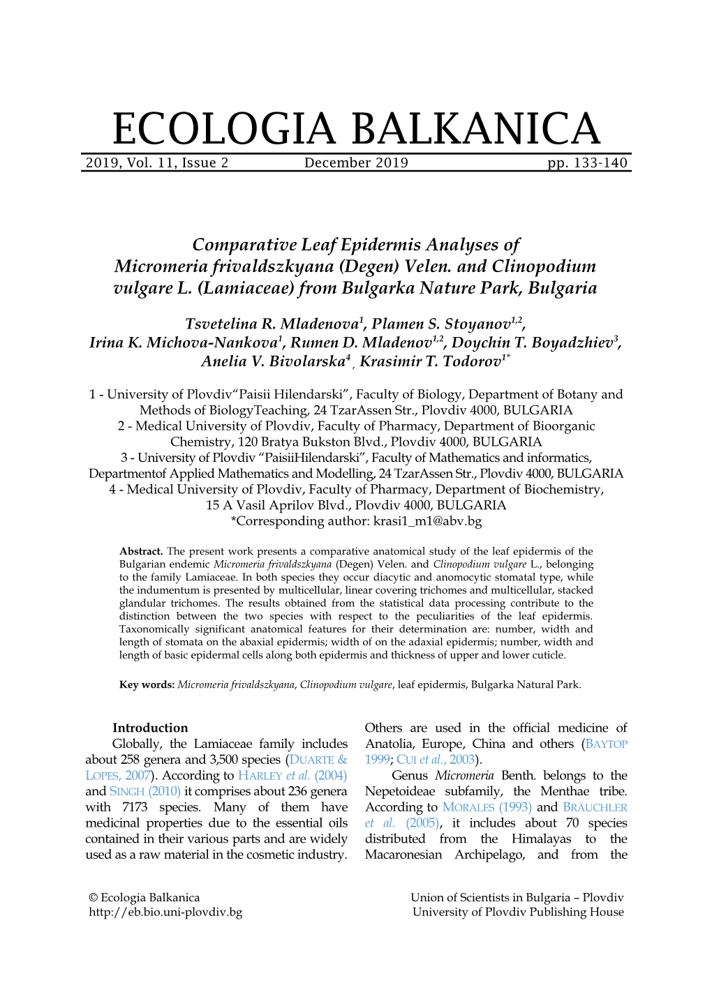 Comparative Leaf Epidermis Analyses Оfmicromeria Frivaldszkyana