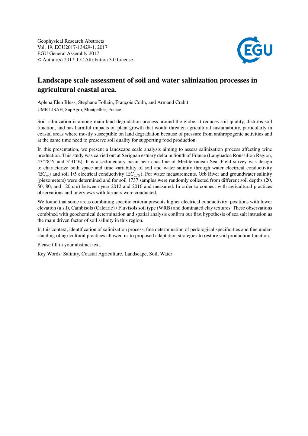 Landscape Scale Assessment of Soil and Water Salinization Processes in Agricultural Coastal Area