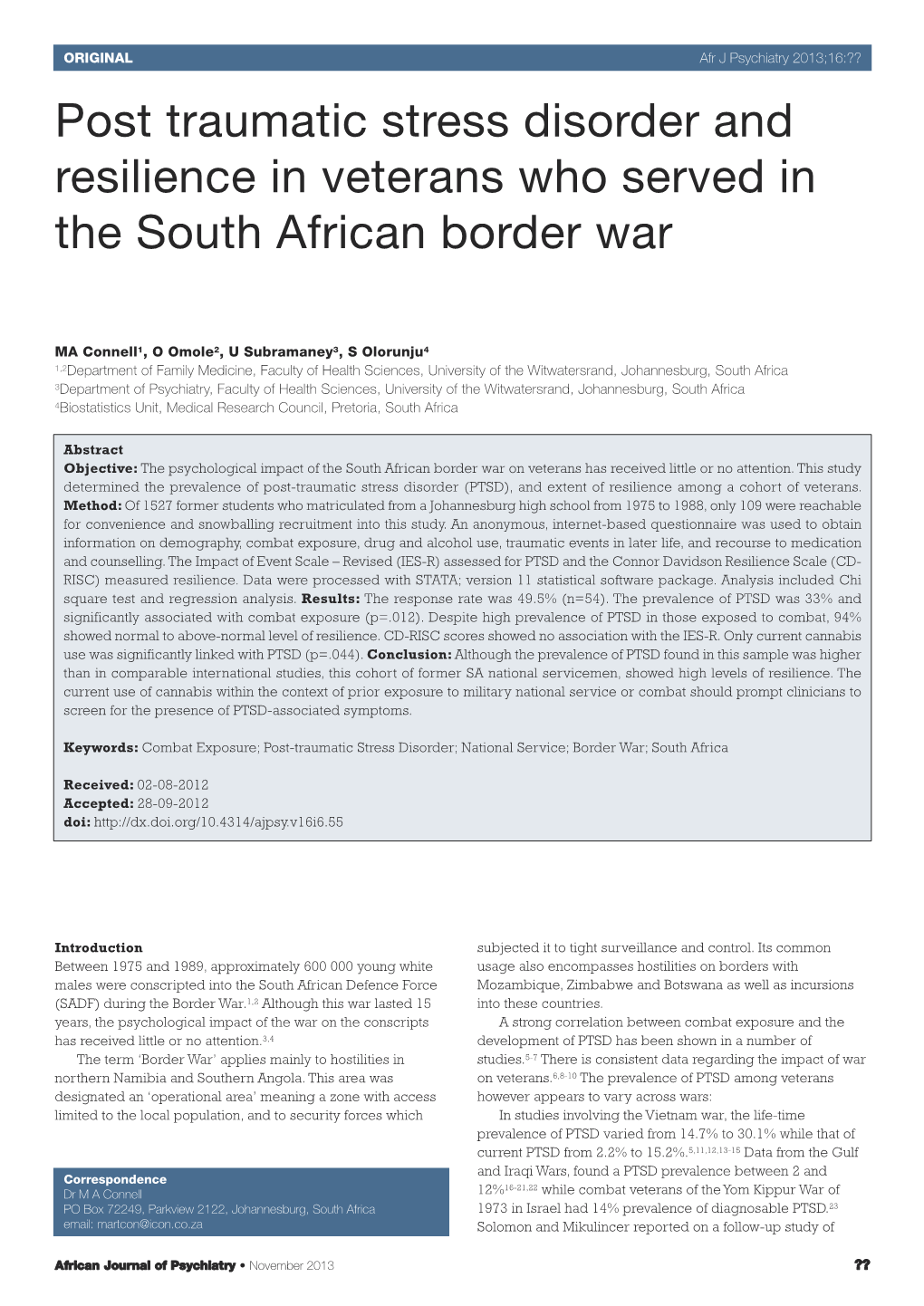 Post Traumatic Stress Disorder and Resilience in Veterans Who Served in the South African Border War