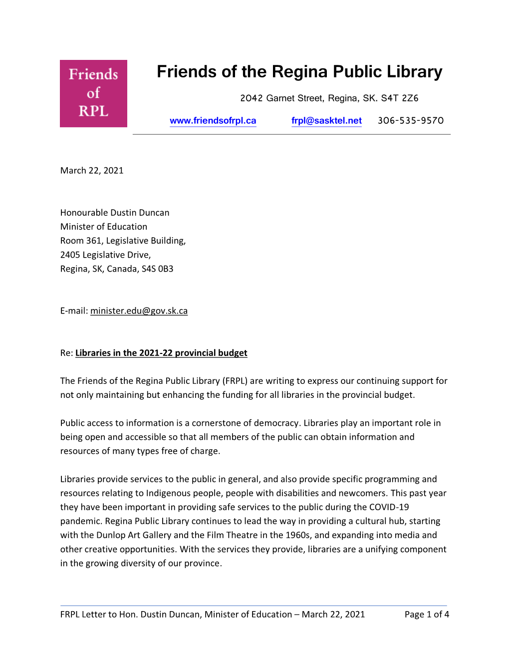 FRPL to Hon. Gordon Wyant Feb 27, 2018