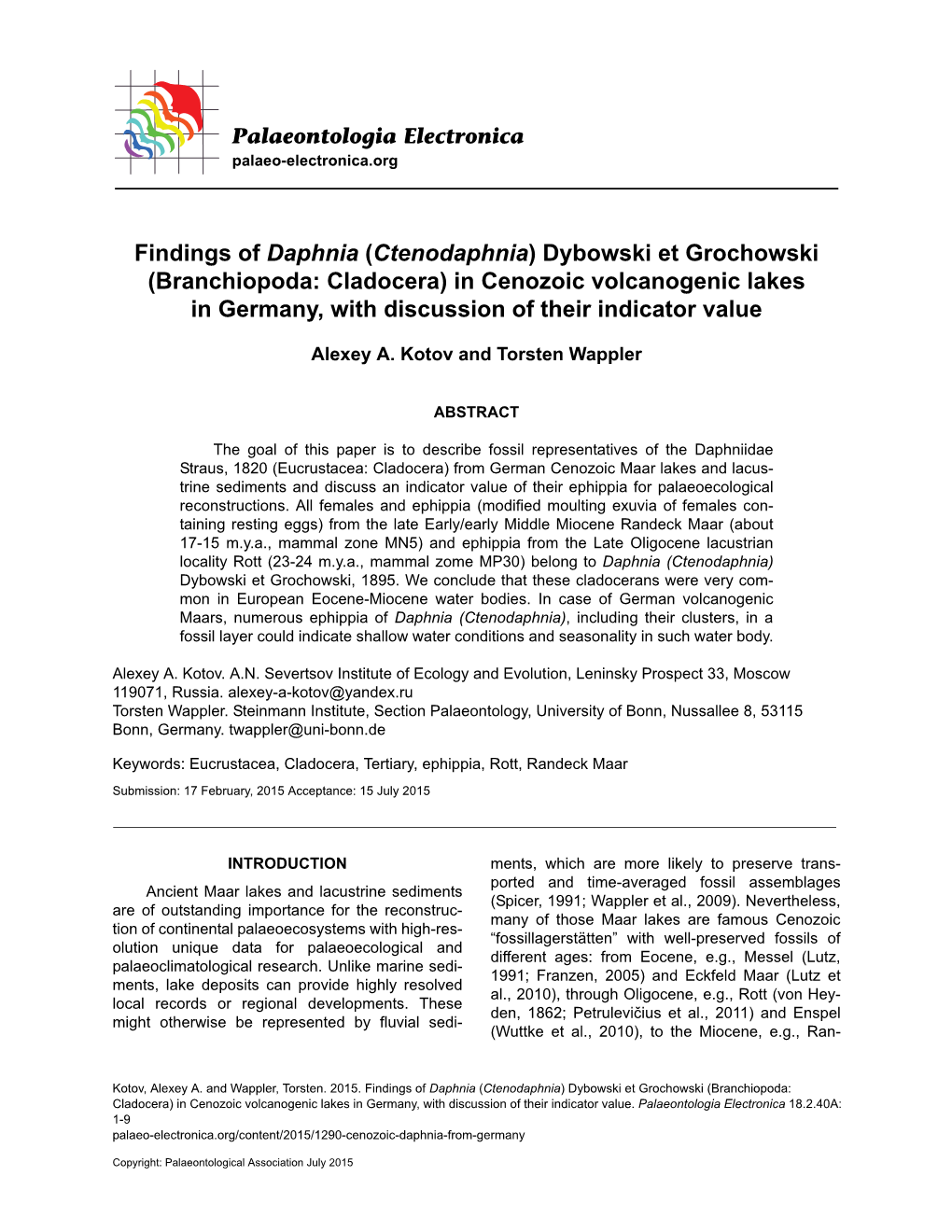 Branchiopoda: Cladocera) in Cenozoic Volcanogenic Lakes in Germany, with Discussion of Their Indicator Value