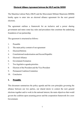 Electoral Alliance Agreement Between the MLP and the MMM the Mauritius Labour Party