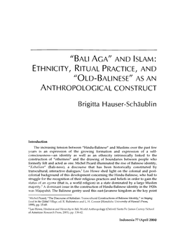 "Bali Aga" and Islam: "Old-Balinese" As an Brigitta Hauser-Schaublin