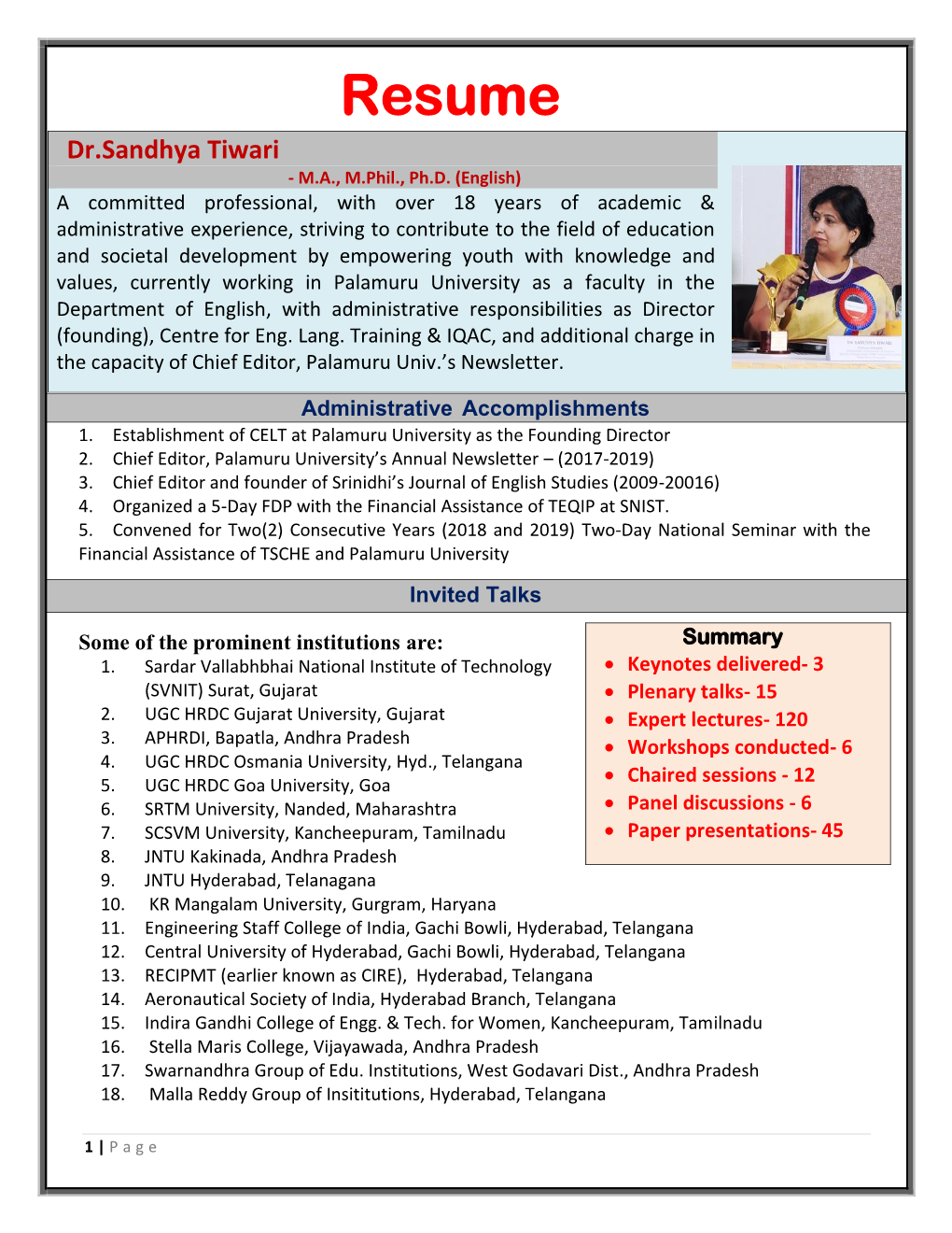 Resume Dr.Sandhya Tiwari - M.A., M.Phil., Ph.D