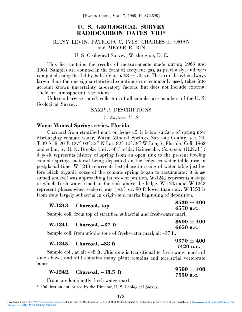 U. S. GEOLOGICAL SURVEY RADIOCARBON DATES VIII* BETSY LEVIN, Patricra C