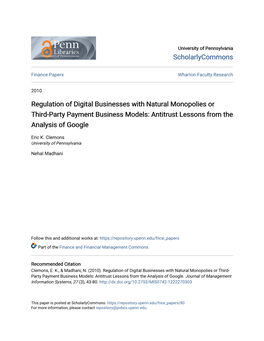Regulation of Digital Businesses with Natural Monopolies Or Third-Party Payment Business Models: Antitrust Lessons from the Analysis of Google