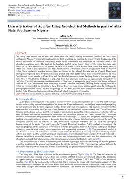 Characterization of Aquifers Using Geo-Electrical Methods in Parts of Abia State, Southeastern Nigeria