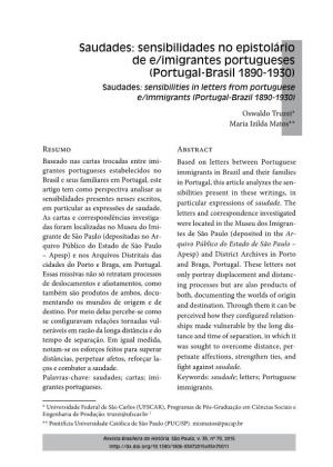 Saudades: Sensibilities in Letters from Portuguese E/Immigrants (Portugal-Brazil 1890-1930)