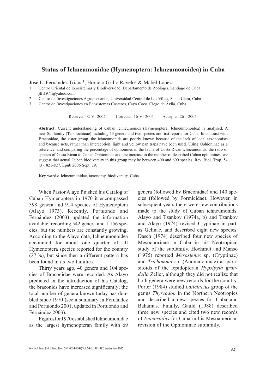 Status of Ichneumonidae (Hymenoptera: Ichneumonoidea) in Cuba