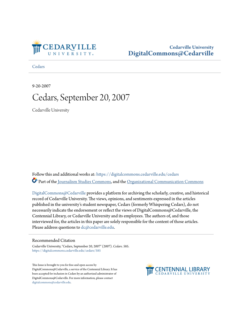 Cedars, September 20, 2007 Cedarville University