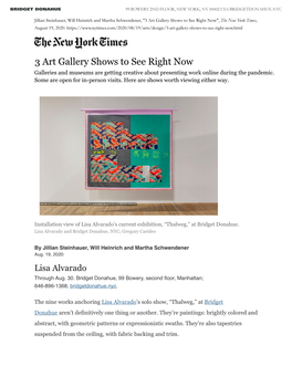 3 Art Gallery Shows to See Right Now", the New York Times, August 19, 2020