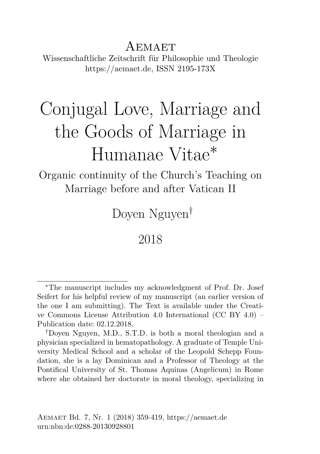 Conjugal Love, Marriage and the Goods of Marriage in Humanae Vitae – Organic Continuity of the Church's Teaching on Marria