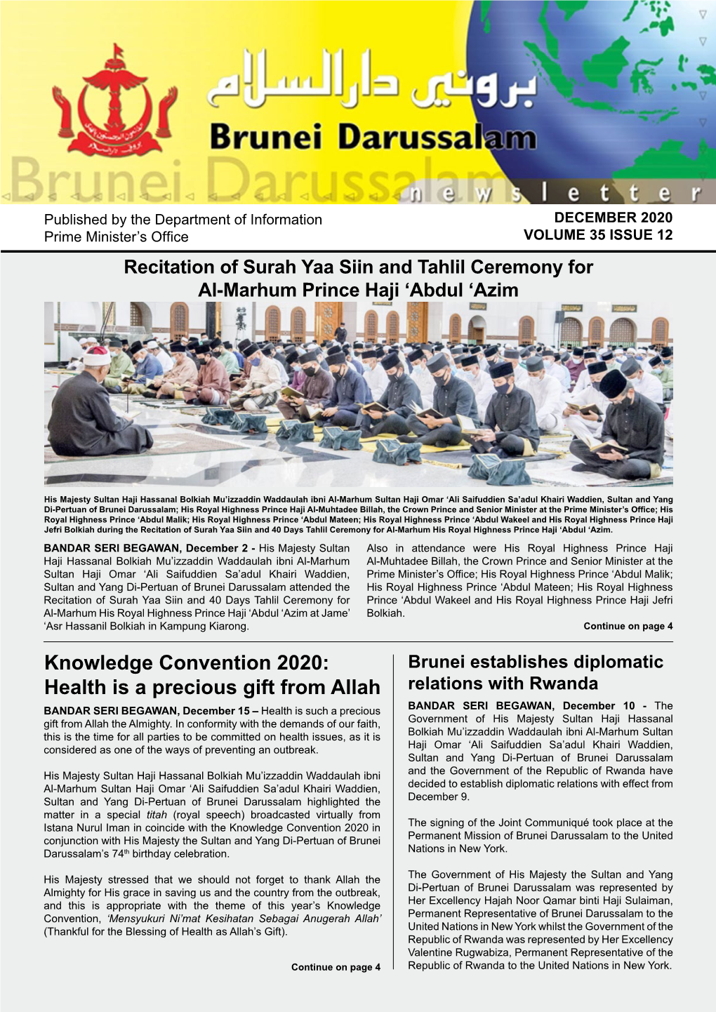 DECEMBER 2020 Prime Minister’S Office VOLUME 35 ISSUE 12 Recitation of Surah Yaa Siin and Tahlil Ceremony for Al-Marhum Prince Haji ‘Abdul ‘Azim
