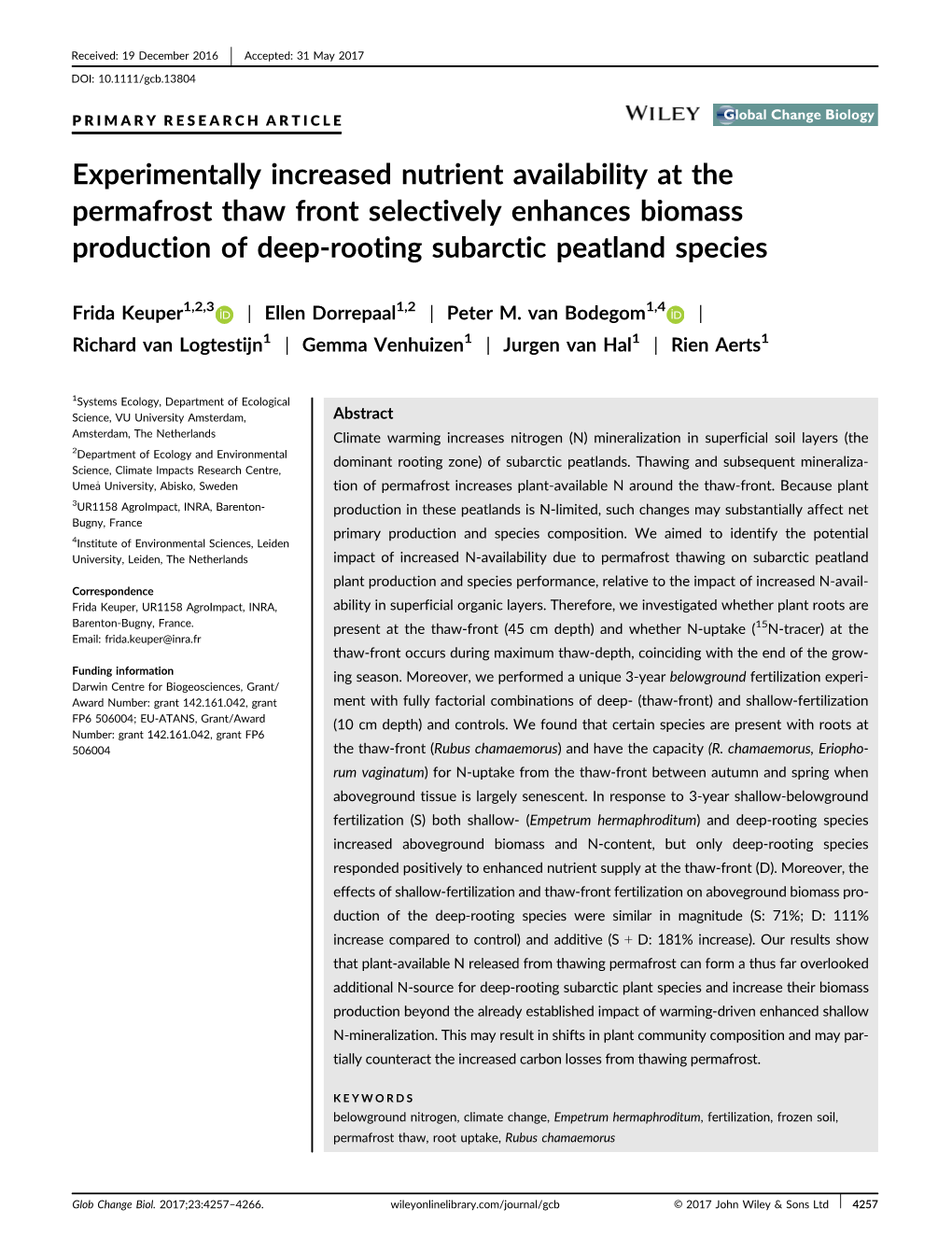 Experimentally Increased Nutrient Availability at the Permafrost Thaw Front Selectively Enhances Biomass Production of Deep-Rooting Subarctic Peatland Species