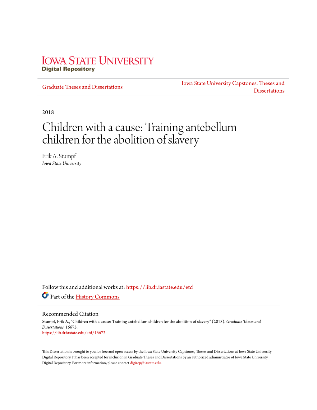 Training Antebellum Children for the Abolition of Slavery Erik A