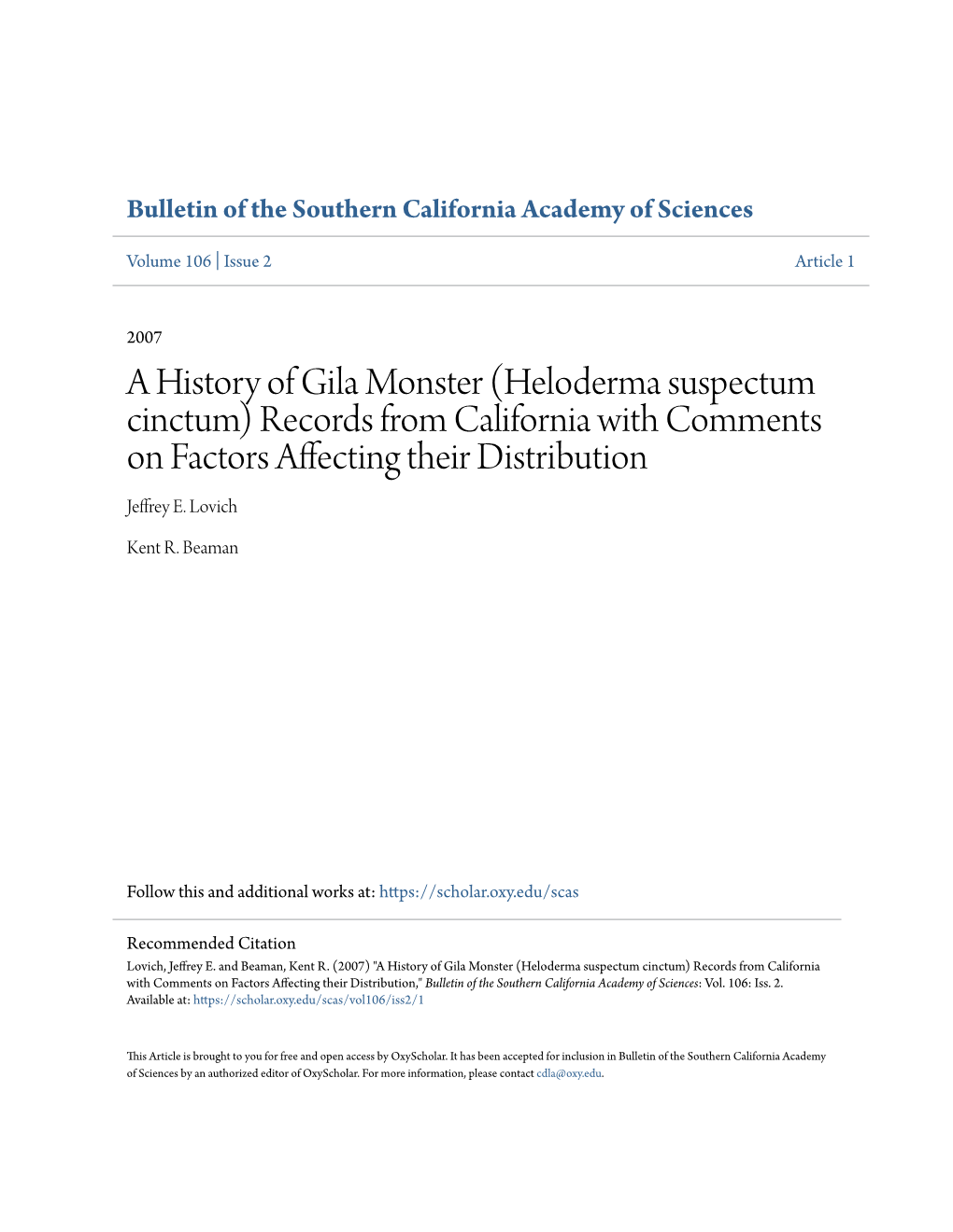 A History of Gila Monster (Heloderma Suspectum Cinctum) Records from California with Comments on Factors Affecting Their Distribution Jeffrey E