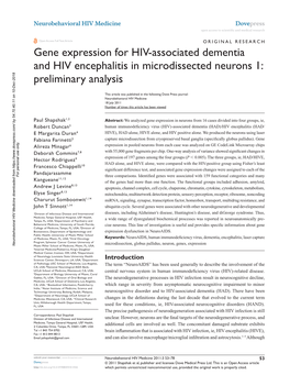 Gene Expression for HIV-Associated Dementia and HIV Encephalitis in Microdissected Neurons 1: Preliminary Analysis