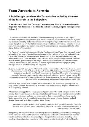 From Zarzuela to Sarwela a Brief Insight on Where the Zarzuela Has Ended by the Onset of the Sarswela in the Philippines