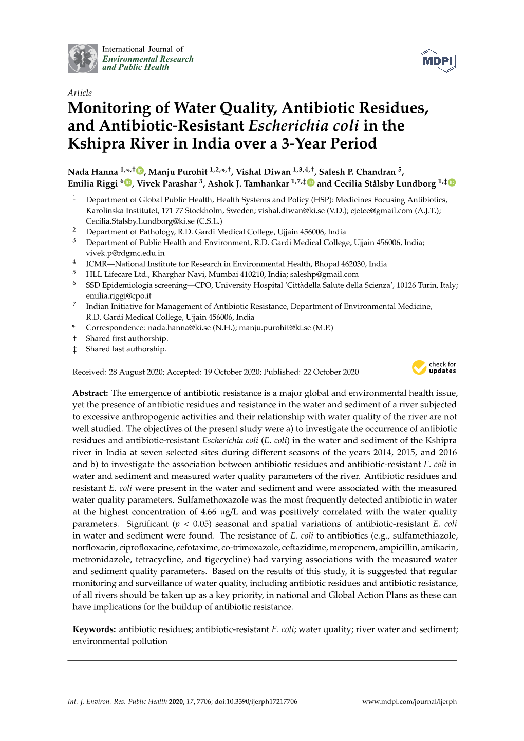 Monitoring of Water Quality, Antibiotic Residues, and Antibiotic-Resistant Escherichia Coli in the Kshipra River in India Over a 3-Year Period