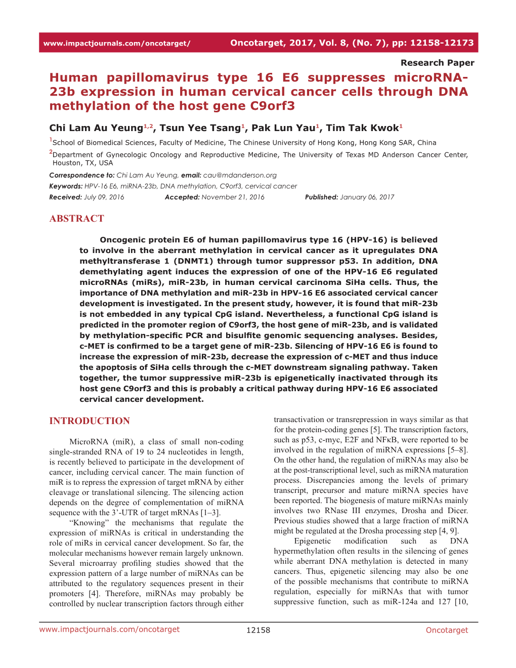 23B Expression in Human Cervical Cancer Cells Through DNA Methylation of the Host Gene C9orf3