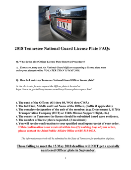 2018 Tennessee National Guard License Plate Faqs