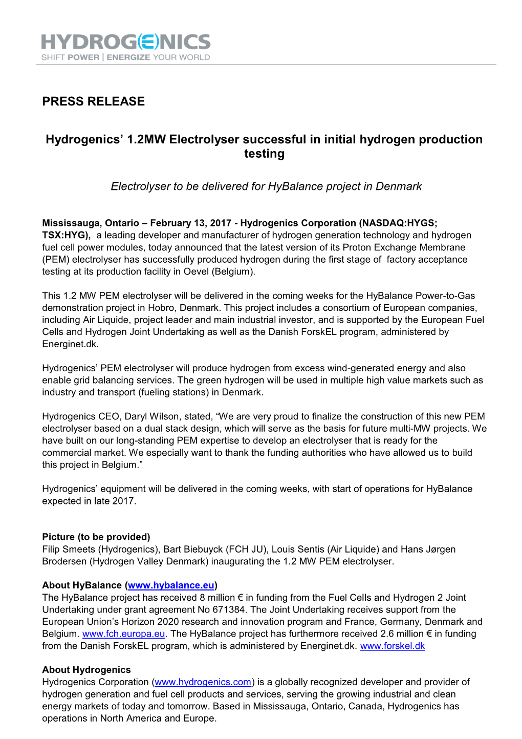 PRESS RELEASE Hydrogenics' 1.2MW Electrolyser Successful In