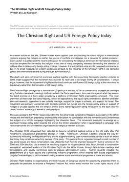 The Christian Right and US Foreign Policy Today Written by Lee Marsden