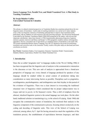 Source Language Text, Parallel Text, and Model Translated Text: a Pilot Study in Teaching Translation