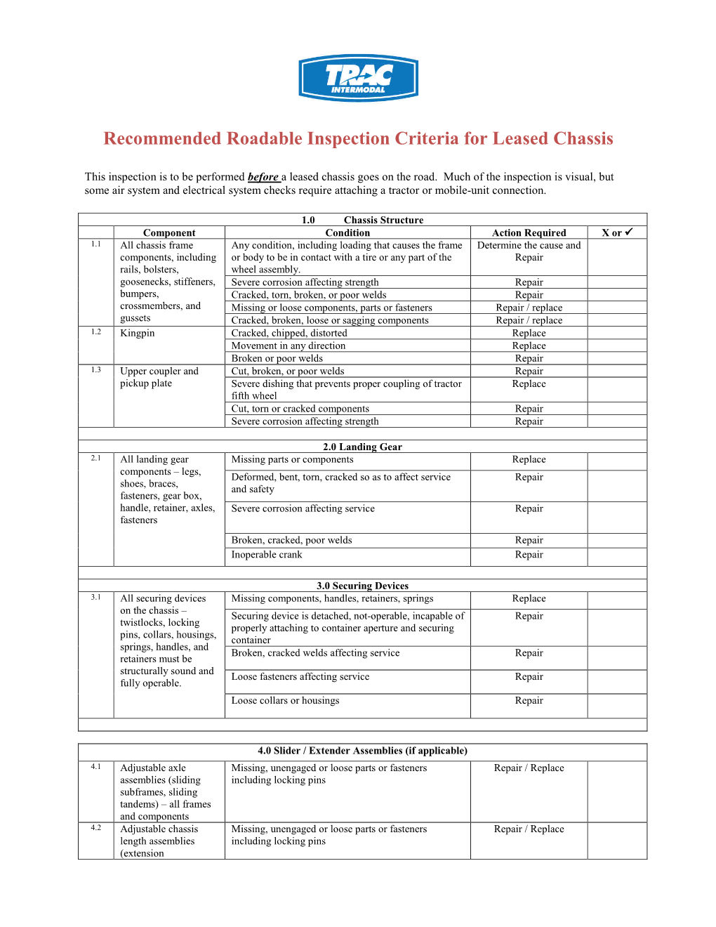 Minimum Roadable Inspection Criteria for Trac Lease Chassis