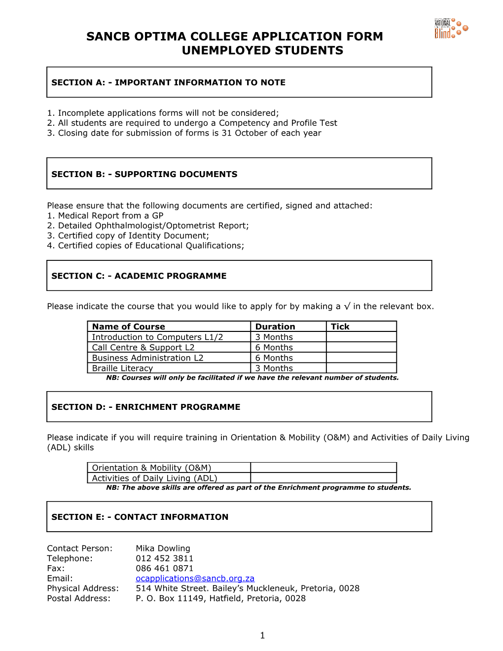 Sancb Optima College Application Form