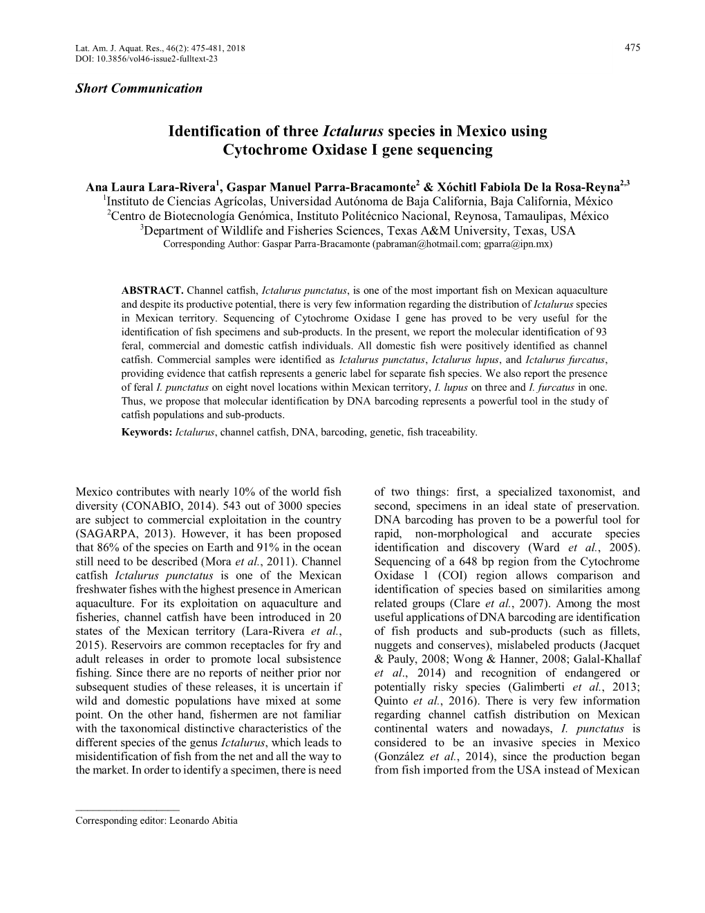 Identification of Three Ictalurus Species in Mexico Using Cytochrome Oxidase I Gene Sequencing