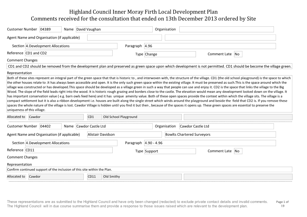 Highland Council Inner Moray Firth Local Development Plan Comments Received for the Consultation That Ended on 13Th December 2013 Ordered by Site